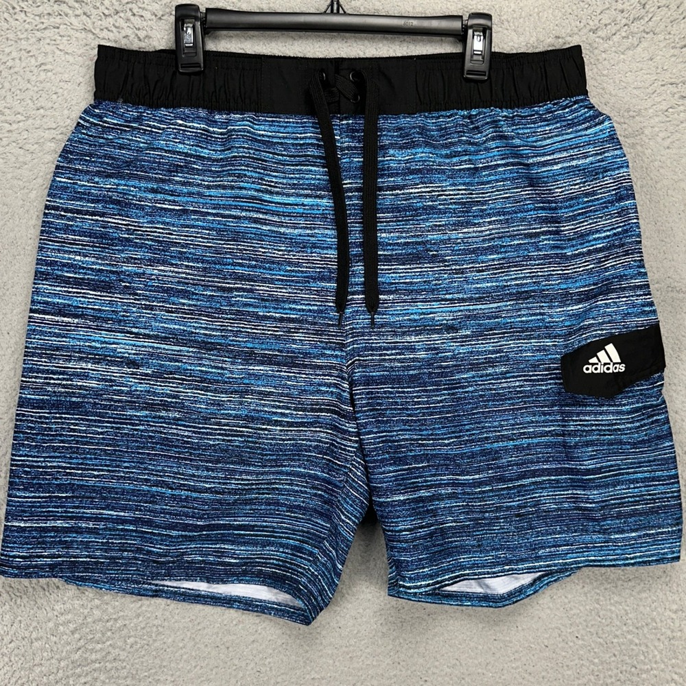Adidas Mens Swim Trunks 2XL Blue Heather Mesh Lined Drawstring Logo Board Shorts